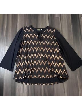 Bob Mackie Wearable Art Women's Blouse Plus Size 3X Black Gold Top Long Sleeve
